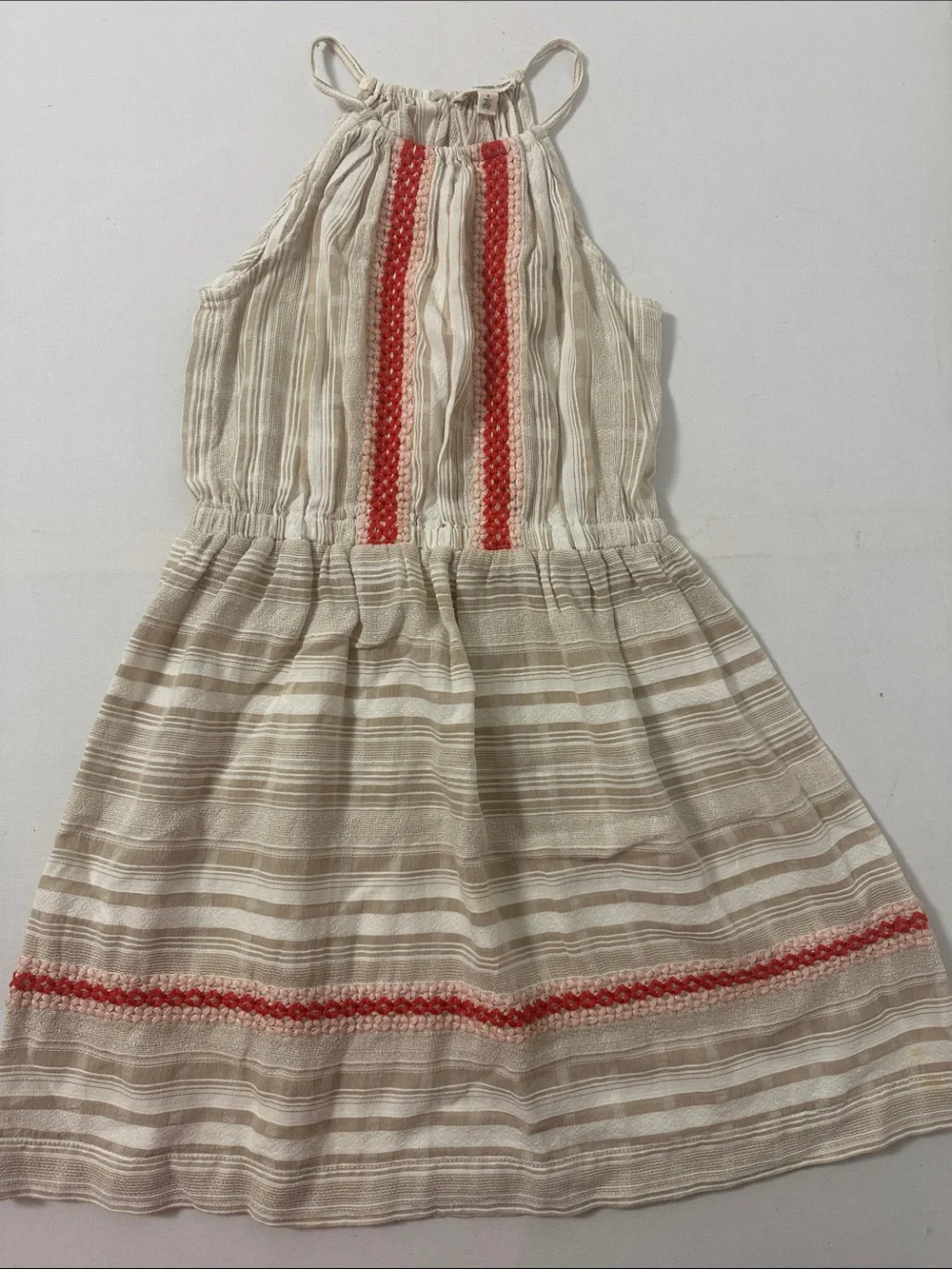 Nordstrom Girls Cream Striped Halter Dress with Coral Trim